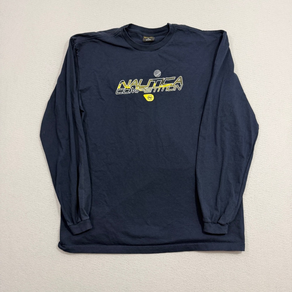 Vintage Nautica Shirt Men XL Navy Blue Competition Long Sleeve Graphic USA NEW